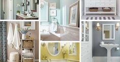 a collage of pictures with various bathroom items and decor in different colors, including towels