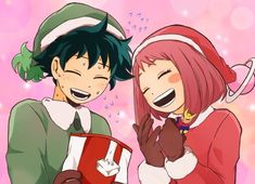 two anime characters with christmas hats on and one is holding a red box while the other holds