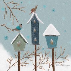 three birds are perched on top of birdhouses in the snow, one is blue