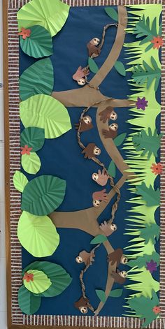 an animal themed bulletin board with monkeys and leaves on the bottom, in front of a blue background