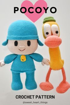 two crocheted dolls with the words pocoyo written in front of them