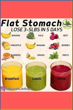 a poster with different types of smoothies and drinks on it's side that says, flat stomach lose 3 - bls in 5 days