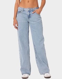 EDIKTED Raelynn Washed Low-Rise Womens Jeans - BLUE | Tillys Raelynn Washed Low Rise Jeans Edikted, Cute Jeans Mid Rise, Edikted Low Rise Jeans, Low-rise Jeans, Cute Bottoms For Women, Low Rise Light Wash Jeans, Cute Low Rise Jeans, Cute Low Rise Jeans Outfit, Tops For Jeans