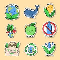 various stickers with different types of plants and animals on them, including one that says save the earth