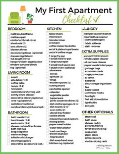 the first apartment checklist is shown in this green and white printable list with text