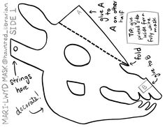 a black and white drawing of an animal mask with writing on the bottom half of it