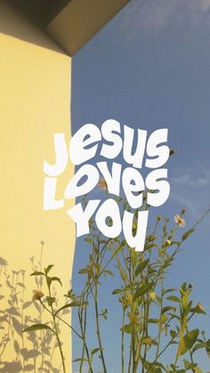 the words jesus loves you written in white on a window sill next to flowers