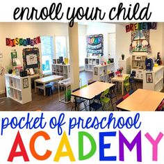 an empty classroom with desks and chairs in front of the door that says, remove your child's pocket of preschool academy