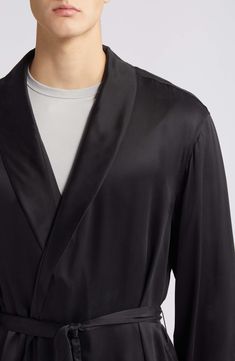 This silk robe is thermoregulating, breathable and perfect for lounging—best of all, it can go in the washing machine. Shawl collar Long sleeves Side-seam pockets Removable tie belt 100% silk Machine wash, dry flat Imported Silk Fitted Robe For Loungewear, Fitted Silk Robe For Loungewear, Fitted Long Sleeve Silk Robe, Fitted Silk Sleepwear With Long Sleeves, Fitted Silk Robe For Daywear, Fitted Silk Long Sleeve Sleepwear, Elegant V-neck Outerwear With Relaxed Fit, Elegant Relaxed Fit V-neck Outerwear, Luxury Long Sleeve Robe For Loungewear