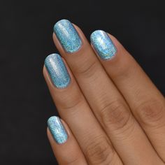 Sky Blue Ultra Holographic Nail Polish Iredesant Blue Nails, Holographic Blue Nails, Nail Polish Neutral, Acrylic Nails Pretty, Blue Shimmer Nails Acrylic, Navy Blue Holographic Nails, Pink Holographic Nails, Ilnp Nail Polish Swatch, Holo Nail Polish