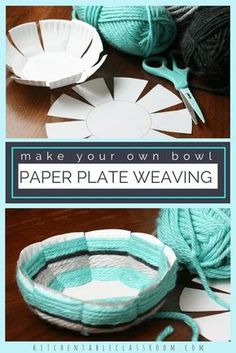 paper plate weaving with yarn and scissors on the table next to it is an image of how to make your own bowl