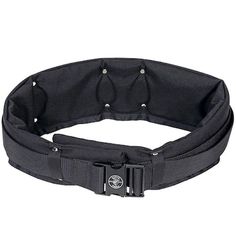 a black belt with metal buckles on the front and side, which is attached to an