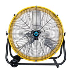 a yellow fan sitting on top of a black stand