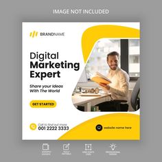 an advertisement for a digital marketing expert with a man sitting in front of a desk