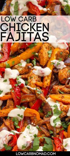 low carb chicken fajitas in a skillet with ranch dressing on top