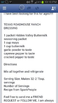 the texas roadhouse ranch menu is shown in this screenshoter's phone