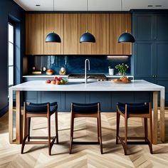 a kitchen with blue walls and wooden floors, two chairs at the center of the island