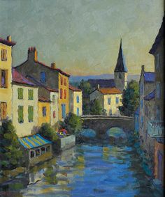 an oil painting of a river running through a small town with buildings on either side