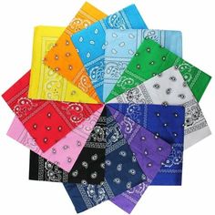 six different colored bandannas are arranged in a circle