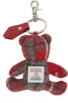 Graphic wool tweed keychain in red. · Jacquard check pattern throughout · Keyring and grained leather tab at top · Lobster-clasp fastening · Logo embroidered at face · Logo-engraved silver-tone hardware · H6 x W5 x D1.75 Supplier color: Red Tweed Outer, Teddy Bear Keychain, Red Teddy Bear, Red Textiles, Vivienne Westwood Red, Bear Keychain, Face Logo, Silver Engraving, Harris Tweed