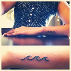 two pictures showing the same tattoo on one arm and an image of a wave on the other