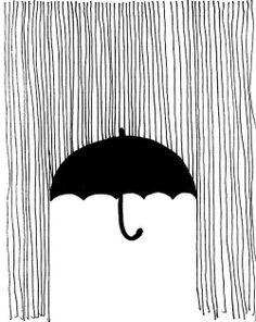 black and white drawing of an umbrella in the rain with long fringes on it