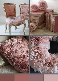 the collage shows different types of furniture and flowers in pinks, blues, browns