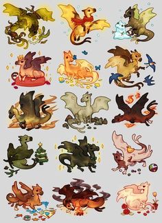 some very cute cartoon animals with different colors and designs on them, all in different poses