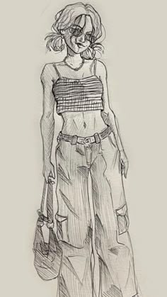 a pencil drawing of a woman walking down the street with her hand on her hip