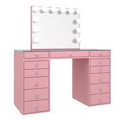 a pink vanity table with drawers and a mirror on it's side, against a white background