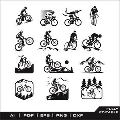 the silhouettes of mountain bikers and riders are shown in black on a white background