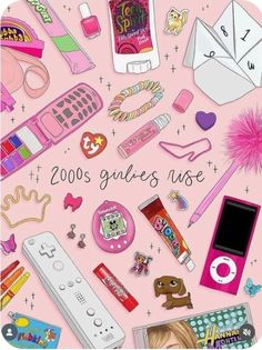 a pink background with many different items on it