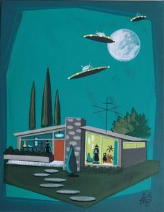 an image of a painting with aliens flying over the building and people on the roof