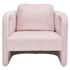 a pink chair with two pillows on the armrests and one pillow in the back