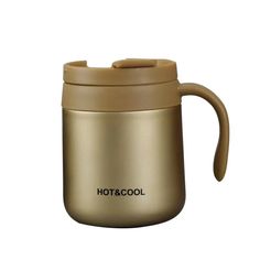 thermos coffee mug with handle is shown on a white background, it says hot & cool