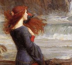 a painting of a woman with red hair standing in front of a waterfall and looking at the water