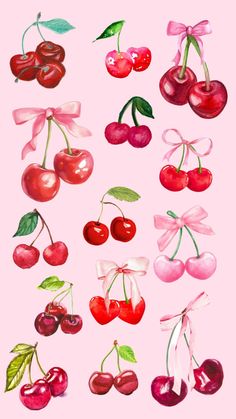 an illustration of cherries with ribbons and bows