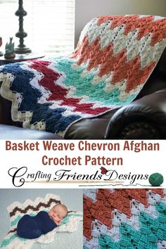 a crocheted afghan with the words basket weave chevron afghan on it