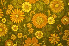 an abstract floral background with yellow flowers and swirls on dark green fabric, suitable to use as wallpaper or backdrop