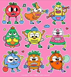 various cartoon character stickers on a pink background