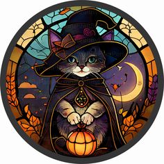 a stained glass window with a cat wearing a witch hat and holding a pumpkin in it's hand