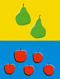 an image of apples and pears on different colored paper with the same color background