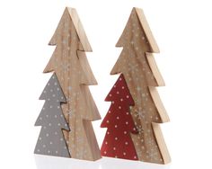 two wooden christmas trees with snowflakes on them, one is red and the other is grey