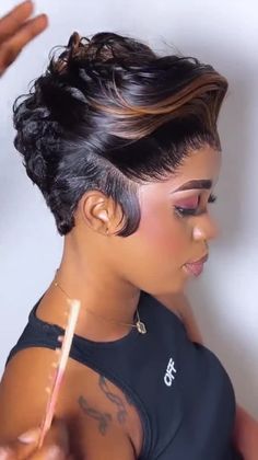 100% Human Hair SLICK BACK SHORT CUT CUTE CURL Pixie Cut Wig with Pre-Plucked hairline. Wig Type:4x4 Lace Wig/13*1*6 T Part Wig,  short pixie cut wigs for african american density 180%. luvmehair BAISI Pxie Full Lace Wig With Highlight Pixie Lace Wig, Pixie Haircut Wig, Pixie Cut Human Hair Wigs, Mommy Wig, Super Short Pixie Cuts, T Part Wig, Hair Slick, Short Pixie Cut Wigs, Natural Haircuts