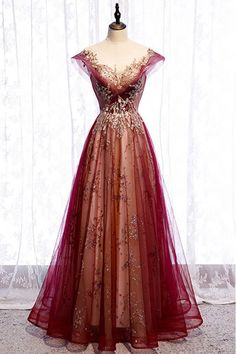 Shop burgundy formal prom dress with bling gold sequins cap sleeves online. Sheprom offers formal, party, casual & more style dresses to fit your special occasions. Beautiful Gradient, A Line Prom Dress, Red Evening Dress, فستان سهرة, A Line Prom Dresses, Dresses 2020, Formal Gown, Tulle Prom Dress, Black Prom Dresses