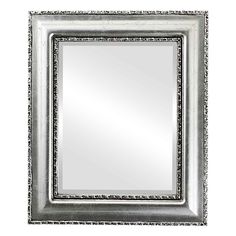 an ornate silver framed mirror on a white wall with beading around the edges and bottom edge