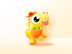 a little yellow dragon with big eyes and a bow on its head is standing in front of a white wall