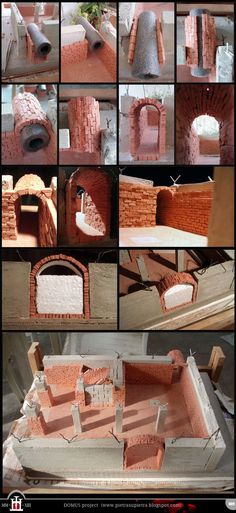 several pictures of different types of bricks and brick ovens in various stages of construction