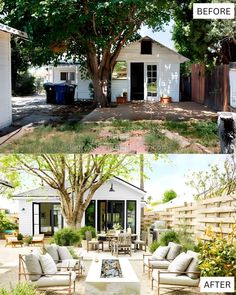 before and after pictures of a backyard makeover with an outdoor fire pit in the back yard