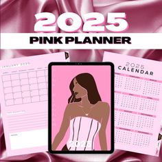 the pink planner is on display in front of a satin background with an image of a woman